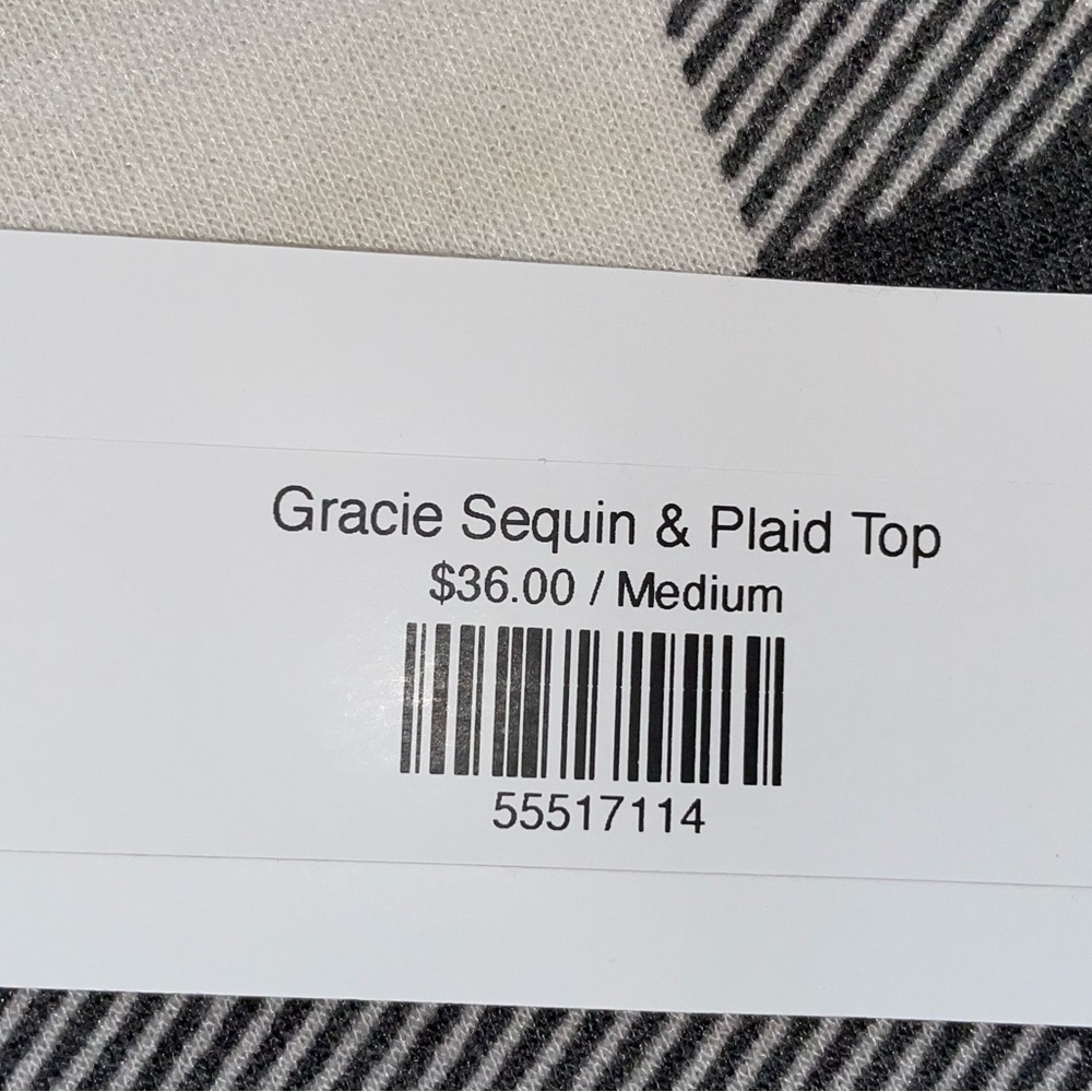7th Ray Gracie Sequin and Plaid Top Women Medium Oversized Gray Cream Boutique - Picture 6 of 6